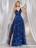 Deep V Floral Print Patchwork Rhinestone High Slit Evening Gown