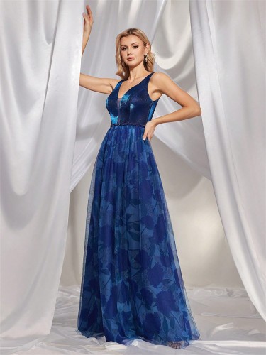 Deep V Floral Print Patchwork Rhinestone High Slit Evening Gown