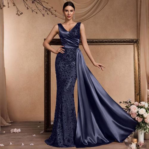 Elegant Sequin Fitted V-Neck Sleeveless Gown