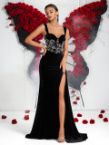 Women's Black Velvet Colorful Rhinestone Chic Strap Dress