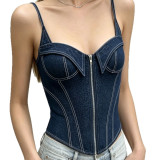 Denim Fishbone Waist-Cinching Zipper Cami Corset Top