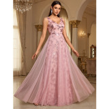 Sexy Deep V-Neck A-Line Tulle Sequin Pattern Spaghetti Strap Evening Dress
