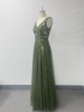 Sexy Deep V-Neck A-Line Tulle Sequin Pattern Spaghetti Strap Evening Dress