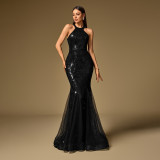 Halter Neck Sleeveless Multi-Panel Heavywork Mermaid Evening Dress