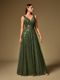 Sexy Deep V-Neck A-Line Tulle Sequin Pattern Spaghetti Strap Evening Dress