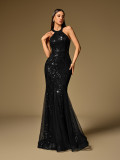 Halter Neck Sleeveless Multi-Panel Heavywork Mermaid Evening Dress