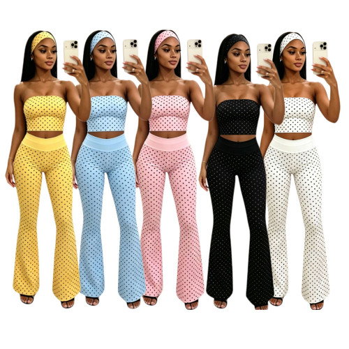 Polka Dot Strapless Flared Set with Headscarf for Women