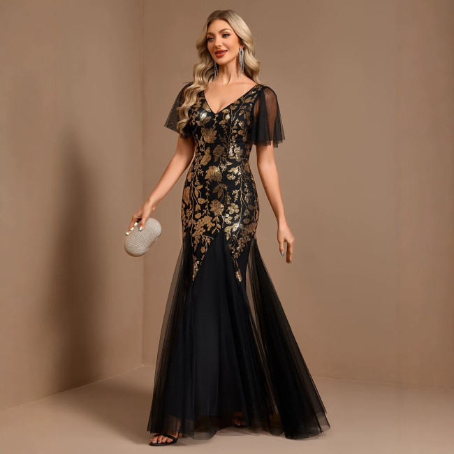 Double V-Neck Stretch Glitter Mesh Short Sleeve A-Line Long Evening Dress
