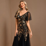 Double V-Neck Stretch Glitter Mesh Short Sleeve A-Line Long Evening Dress