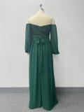 Off-Shoulder High Slit Lace-Up Fully Lined Sequin Patchwork Chiffon Long Sleeve Gown