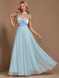 Halter Neck Spaghetti Strap Handmade Floral Pleated Bust Color-Block Mesh A-Line Evening Dress