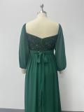 Off-Shoulder High Slit Lace-Up Fully Lined Sequin Patchwork Chiffon Long Sleeve Gown