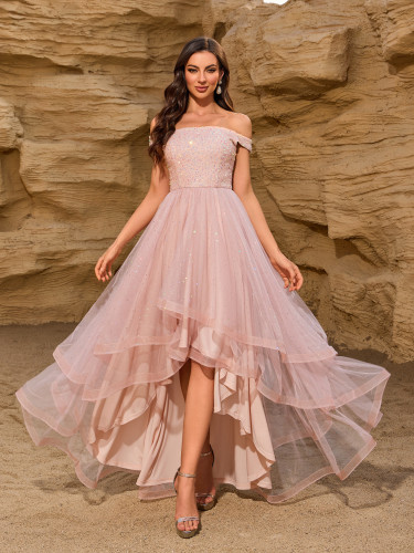 Off-Shoulder Sequin Patchwork Mesh Irregular Tiered Midi Party Tulle Dress
