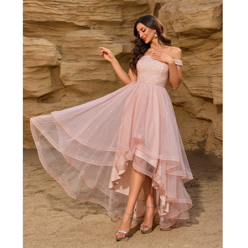 Off-Shoulder Sequin Patchwork Mesh Irregular Tiered Midi Party Tulle Dress