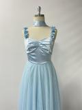 Halter Neck Spaghetti Strap Handmade Floral Pleated Bust Color-Block Mesh A-Line Evening Dress