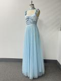 Halter Neck Spaghetti Strap Handmade Floral Pleated Bust Color-Block Mesh A-Line Evening Dress