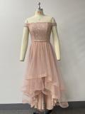 Off-Shoulder Sequin Patchwork Mesh Irregular Tiered Midi Party Tulle Dress