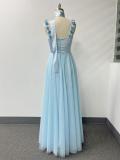 Halter Neck Spaghetti Strap Handmade Floral Pleated Bust Color-Block Mesh A-Line Evening Dress