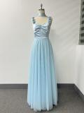 Halter Neck Spaghetti Strap Handmade Floral Pleated Bust Color-Block Mesh A-Line Evening Dress