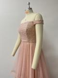 Off-Shoulder Sequin Patchwork Mesh Irregular Tiered Midi Party Tulle Dress