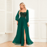 Off-Shoulder High Slit Lace-Up Fully Lined Sequin Patchwork Chiffon Long Sleeve Gown