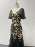 Double V-Neck Stretch Glitter Mesh Short Sleeve A-Line Long Evening Dress