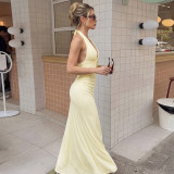 Halter Deep V-Neck Lace-Up Backless Slim Fit Solid Color Maxi Dress