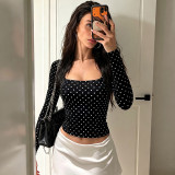 Women’s Slim Fit Polka Dot Square Neck Waist-Cinched Long Sleeve T-Shirt