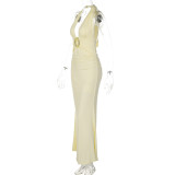 Halter Deep V-Neck Lace-Up Backless Slim Fit Solid Color Maxi Dress