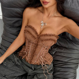 Women’s Ruffle Strapless Waist-Cinched Corset Top with Lace-Up Boning