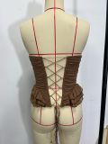 Women’s Ruffle Strapless Waist-Cinched Corset Top with Lace-Up Boning