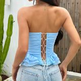Women’s Ruffle Strapless Waist-Cinched Corset Top with Lace-Up Boning