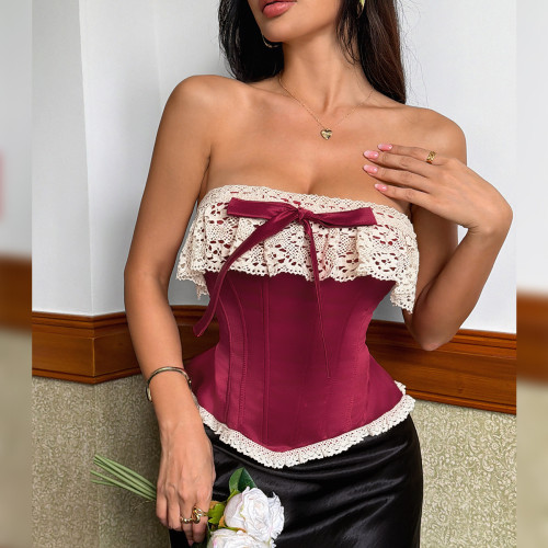 Women’s Vintage Lace Trim Boned Waist Cross-Back Lace-Up Strapless Top