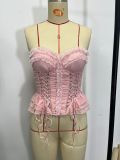 Women’s Ruffle Strapless Waist-Cinched Corset Top with Lace-Up Boning