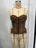 Women’s Ruffle Strapless Waist-Cinched Corset Top with Lace-Up Boning