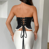 Women’s Vintage Lace Trim Boned Waist Cross-Back Lace-Up Strapless Top