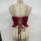 Women’s Vintage Lace Trim Boned Waist Cross-Back Lace-Up Strapless Top