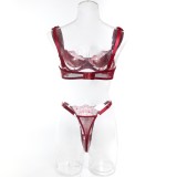 Burgundy Embroidered Deep V Lingerie Set