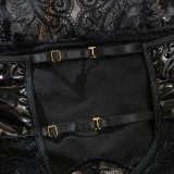 Black Lace Patent Leather Halter Lingerie Set