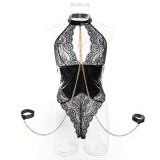 Black Lace Patent Leather Halter Lingerie Set
