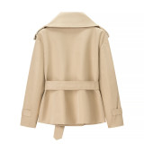Solid Color Belted Cropped Jacket