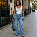 Straight-Leg Casual Jeans with Offset Button Design