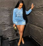 Fashionable Women's Multi-Pocket Washed Stretch Denim Mini Dress