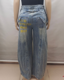 Printed Denim Streetwear Layered Letter Painted Wide Leg Straight Trousers