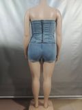 Fashionable Metal-Button Strapless Top and High-Waisted Shorts Casual Denim Pants Set
