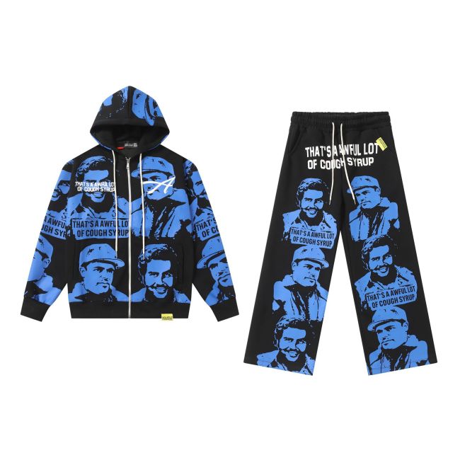 Unisex Portrait Print Terry Hoodie and Sweatpants Set
