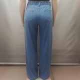 Straight-Leg Casual Jeans with Offset Button Design