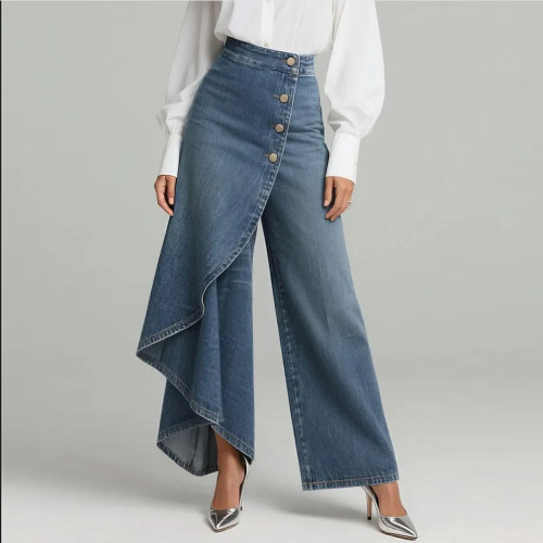 Loose-Fit Solid Color Casual Denim Skirt Pants with Button Decoration for Women