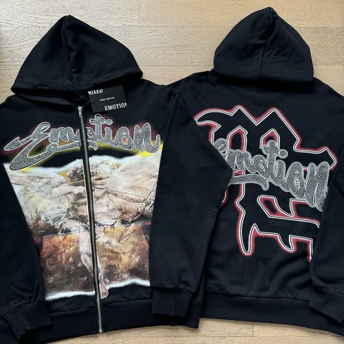 Letter Print Rhinestone Zip-Up Hoodie