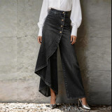 Loose-Fit Solid Color Casual Denim Skirt Pants with Button Decoration for Women